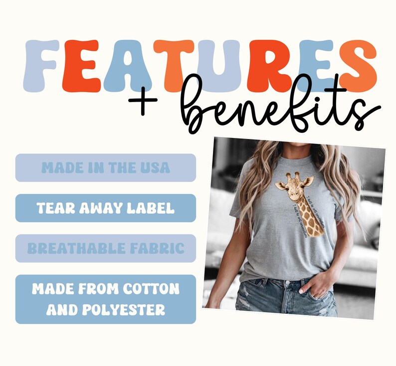 May include: A light grey t-shirt with a giraffe graphic and the text "I will not compromise". The image also includes text that says "FEATURES + benefits", "MADE IN THE USA", "TEAR AWAY LABEL", "BREATHABLE FABRIC", and "MADE FROM COTTON AND POLYESTER".