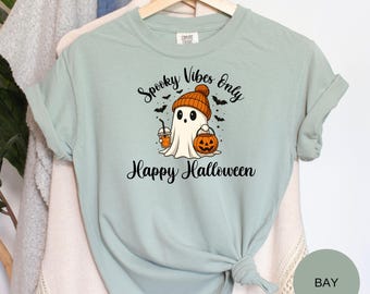 Comfort Colors Spooky Vibes Halloween Ghost Shirt, Cute Ghost Shirt, Womens Halloween Shirt, Cute Fall Shirt, Spooky Season Shirt, Halloween