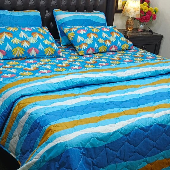Blue Mustard Striped Cotton Comforter Set: King Size Floral