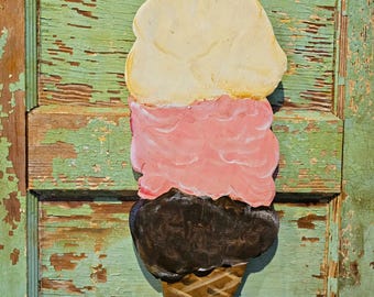 Hand-Painted 50s Soda Shop Ice Cream Cone Cut out Sign: Retro Wall Decor
