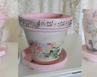 Vintage Rose Cottage Chic Decoupage Terracotta Flower Pot Hand-Painted Planter & Saucer Shabby Chic Gift 6 In Planter PINK Crow magic