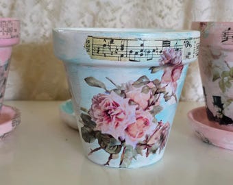 Vintage Rose Cottage Chic Decoupage Terracotta Flower Pot Hand-Painted Blue & Pink Floral Planter Saucer Shabby Chic Gift 6 In MAGIC CROW