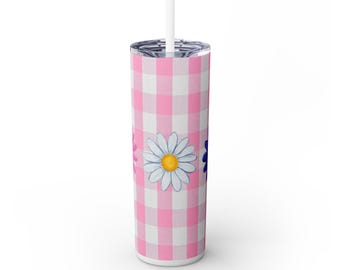 Pink Gingham Tumbler: Floral Stainless Steel Straw Cup, Summer Drinkware