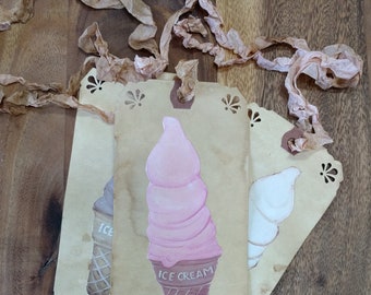 Set of 4 Old Fashioned Ice Cream Vintage Inspired Hand-painted Tags - Miniature Artwork Prints with Silk Ribbon