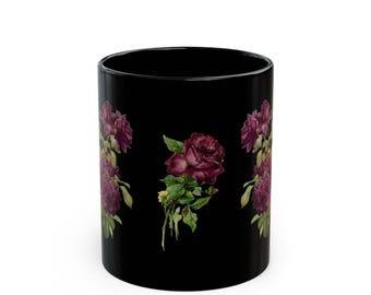 Witch Practical AND Magic Black Mug | Plum Roses, Crow Magic and Mystical Witches Brew Tea and Coffee Cup