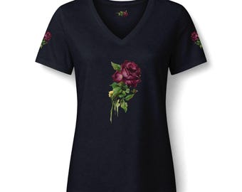 Dark Red Rose Witch Practical AND Magic Black T-Shirt | Plum Roses, Crow Magic & Mystical Dark Botanical Vibes