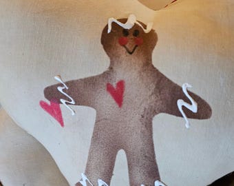 Gingerbread Man Heart Pillow: Hand-Stenciled Cottagecore Decor