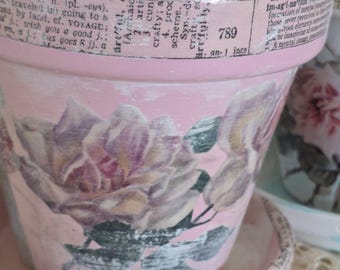 Vintage Rose Cottage Chic Decoupage Terracotta Flower Pot Hand-Painted Planter & Saucer Shabby Chic Gift 6 In Planter PINK MAGIC CROW