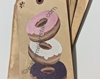 Old Fashioned Dessert Donut vintage style Hang Tags Set of 3 Hand-painted Art DONUTS Doughnuts vanilla chocolate strawberry and lemon