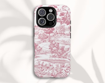 Pink Toile Phone Case, Floral French Tough Case for iPhone, Samsung and Google Pixel