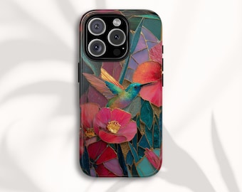 Telefoonhoesje gebrandschilderd glas kolibrie, stoer hoesje met bloemenmozaïek voor iPhone, Samsung en Google Pixel