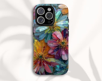 Stained Glass Wildflower Phone Case, Mosaic Floral Tough Case for iPhone, Samsung and Google Pixel
