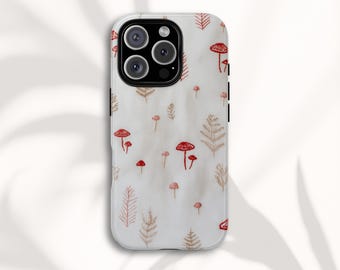 Minimal Embroidered Mushroom Phone Case, Woodland Forest Tough Case for iPhone, Samsung and Google Pixel