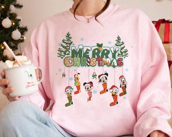 Pink Disney Christmas Sweatshirt, Mickey and Friends Holiday Crewneck