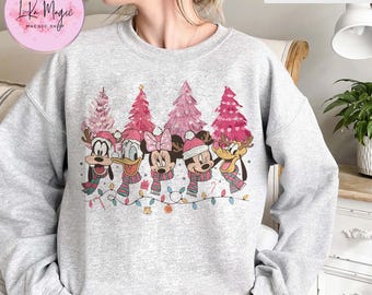 Disney Christmas Sweatshirt, Mickey and Friends, Pink Christmas Tree