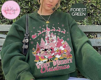 Retro Disney Christmas Sweatshirt, Mickey and Friends, Forest Green Crewneck