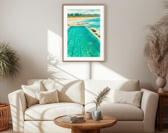 Bondi Beach Watercolor Print, Coastal Wall Art, Ocean Pool Painting, Digital Download, Beach Home Decor, Instant Printable Art