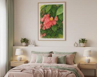 Watercolor Botanical Wall Art Print | Pink & Green Leaf Bush with Yellow Flower Digital Download | Modern Boho Nature Decor