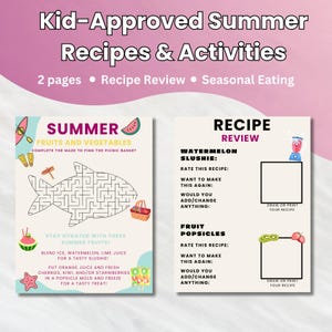 Printable Kids Nutrition Worksheets – Summer Fruits and Vegetables Activity Sheets with Recipes, Maze, Fun Learning | Healthy Food Education