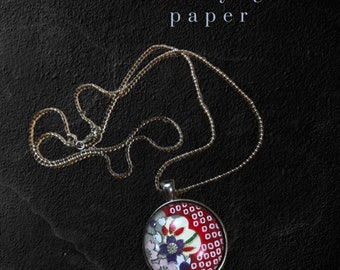 Chiyogami paper under glass silver pendant