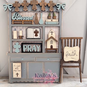 Blessed miniature hutch, miniature shelf, Faith table decor, Pray DIY decor, Mini Wood Hutch Decor, Blessed Tiered Tray Decor, shelf decor