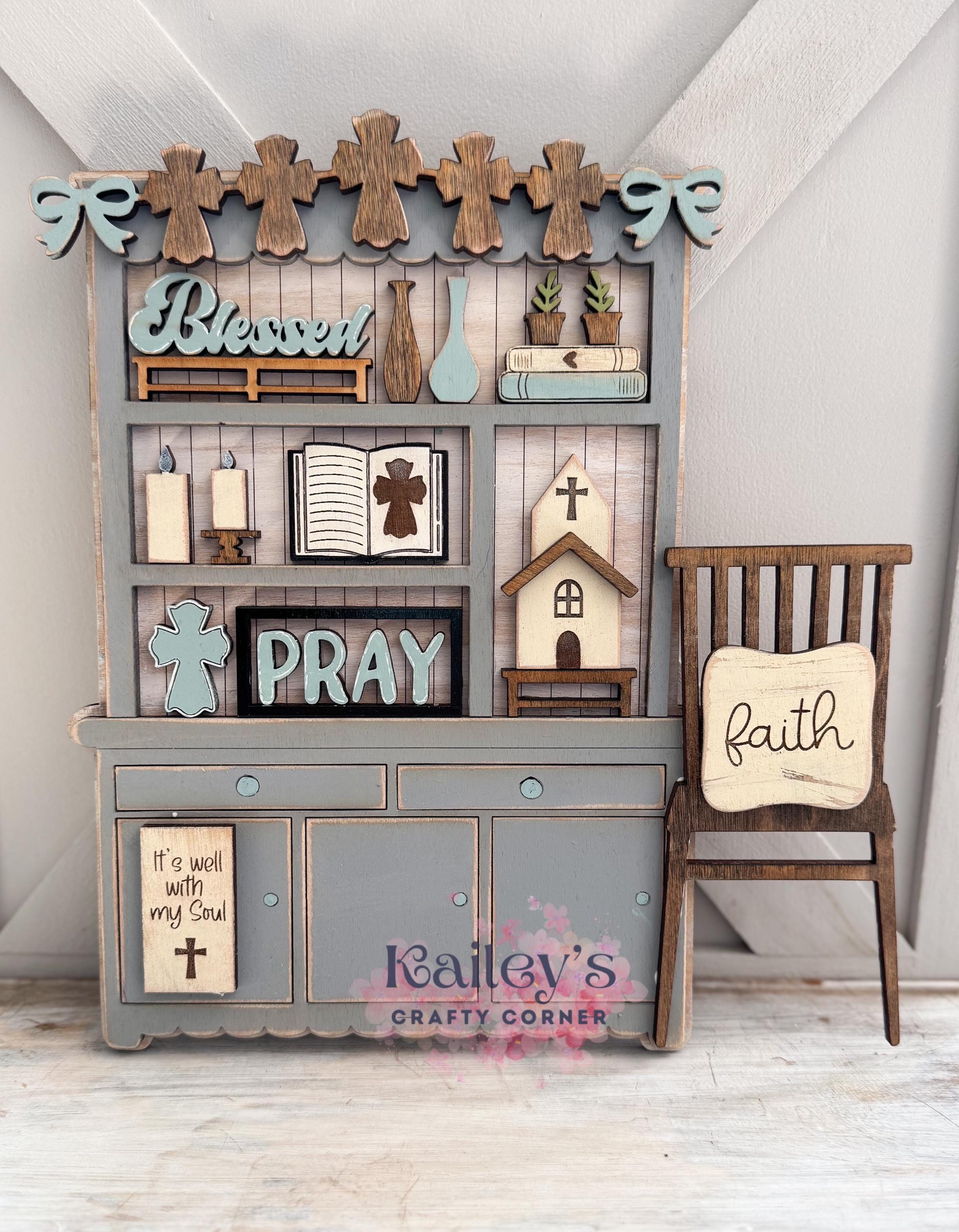Blessed miniature hutch, miniature shelf, Faith table decor, Pray DIY decor, Mini Wood Hutch Decor, Blessed Tiered Tray Decor, shelf decor