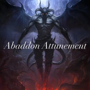 May include: A dark, demonic figure with horns and wings stands in a fiery landscape. The text "Abaddon Attunement" is superimposed over the image.