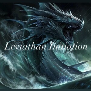 May include: A digital illustration of a large, blue, mythical sea creature with sharp teeth and fins, emerging from the water. The text "Leviathan Initiation" is superimposed on the image.