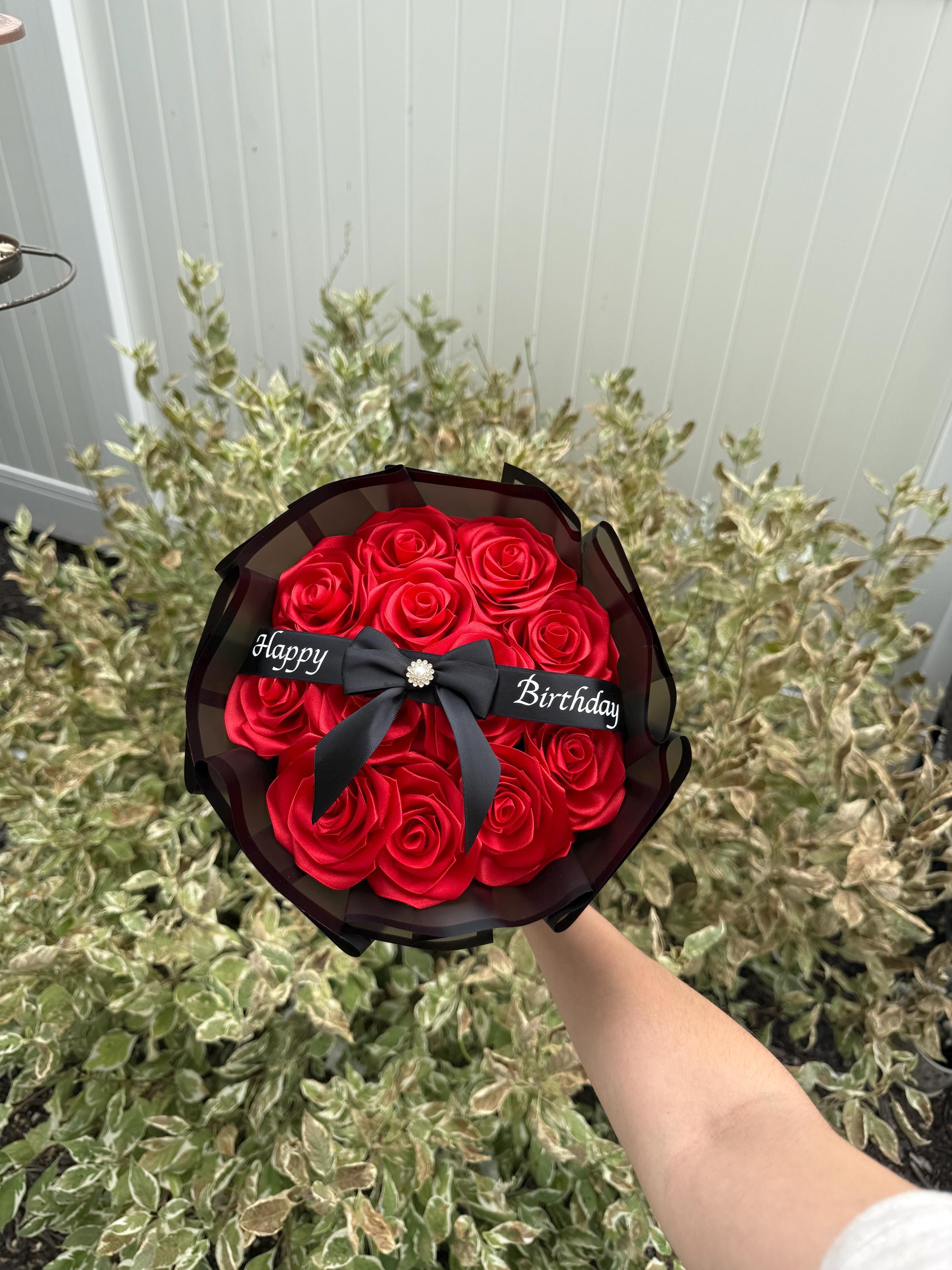 Red Ribbon Rose Bouquet: Handmade Birthday Flower Arrangement - Etsy