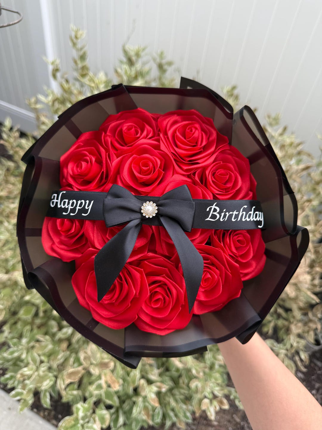 Red Ribbon Rose Bouquet: Handmade Birthday Flower Arrangement - Etsy