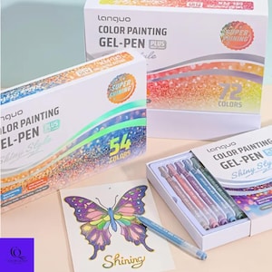 May include: Boxes of Langua Color Painting Gel-Pen Plus sets. One box displays 54 colors, another 72 colors. A drawing of a butterfly is on a card with a gel pen. The boxes have the words "Super Shining" on them.