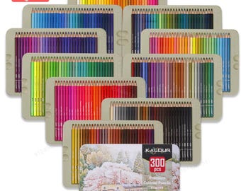 May include: A set of 300 premium colored pencils in a tin box. The pencils are arranged in rows by color, and the box has a colorful image of a train and cherry blossoms. The box is labeled "KALOUR 300 pcs Premium Colored Pencils".