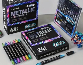 LANGUO Dual Tip Metallic Acrylic Paint Markers Set – 12, 24, 48 Colors