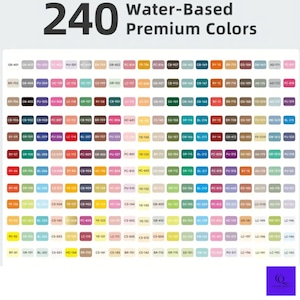 May include: A color chart displays 240 water-based premium colors. The chart is organized in rows and columns, with each color represented by a small, labeled square. The colors range from pastels to vibrant hues.
