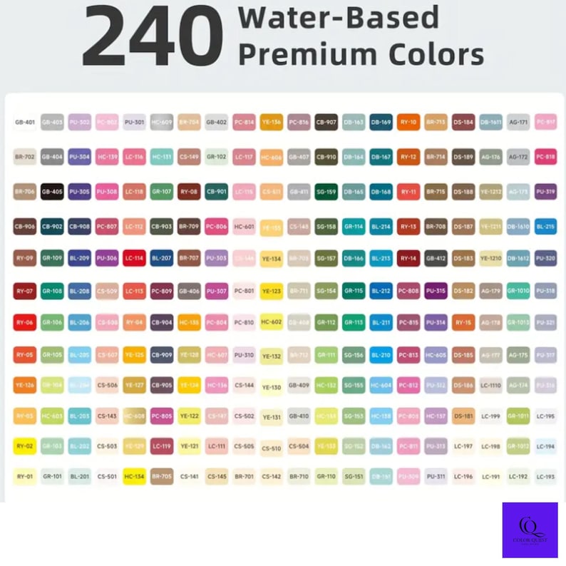 May include: A color chart displays 240 water-based premium colors. The chart is organized in rows and columns, with each color represented by a small, labeled square. The colors range from pastels to vibrant hues.