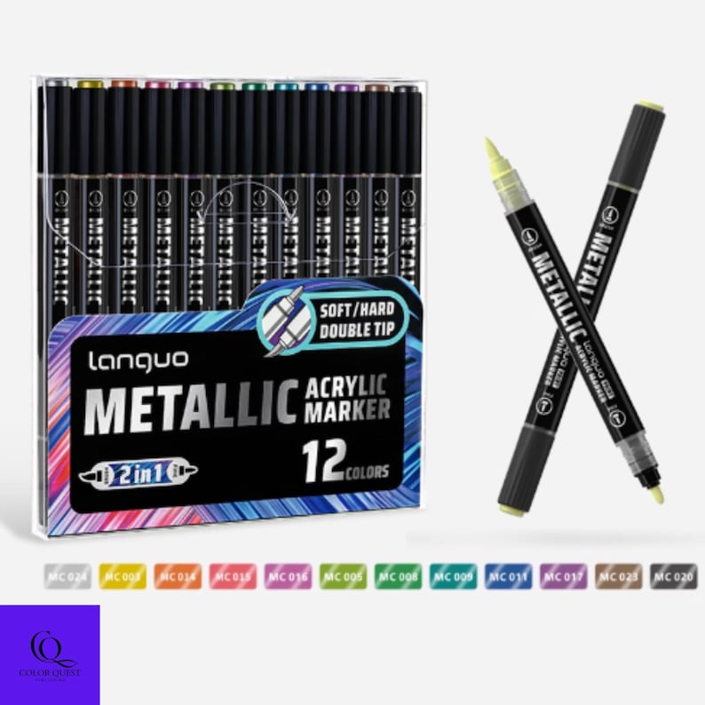 May include: A set of 12 metallic acrylic markers in a clear plastic case. The markers are black with metallic accents and feature a soft/hard double tip. The packaging reads "Metallic Acrylic Marker 12 Colors". Two markers are shown crossed.
