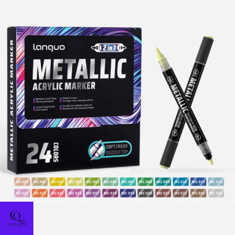 May include: A box set of 24 metallic acrylic markers with a 2-in-1 soft/hard double tip. The box is black with the brand name "Languo" and the words "Metallic Acrylic Marker" in large white letters. Two markers are displayed, one yellow and one black.