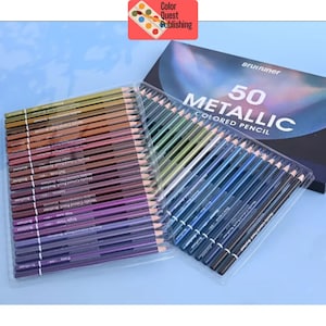 May include: A set of 50 metallic colored pencils in a clear plastic case, with a black box that reads "50 Metallic Colored Pencil". The pencils are arranged in rows, showcasing a variety of colors. The Color Quest Publishing logo is in the top left corner.