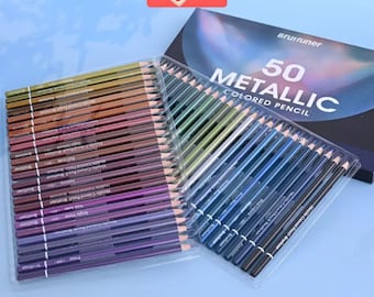 May include: A set of 50 metallic colored pencils in a clear plastic case, with a black box that reads "50 Metallic Colored Pencil". The pencils are arranged in rows, showcasing a variety of colors. The Color Quest Publishing logo is in the top left corner.