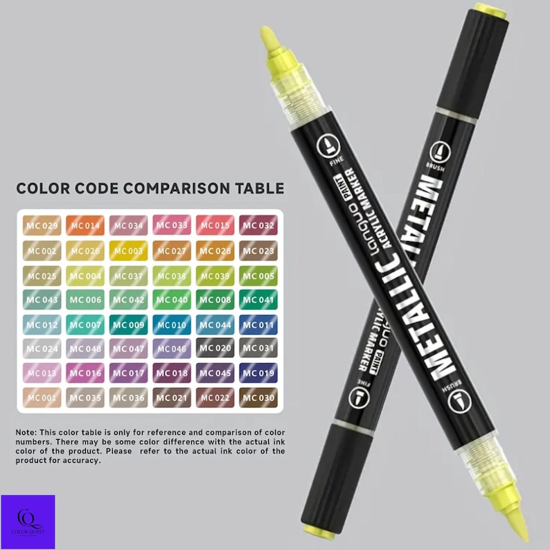 May include: Two black metallic acrylic markers with yellow tips and the text "Metallic Acrylic Marker" and "Fine" and "Brush". A color code comparison table is in the background with various color swatches.