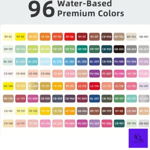 May include: A color chart displaying 96 water-based premium colors. The color swatches are arranged in rows and columns, each labeled with a unique code. The palette includes a wide range of hues, from vibrant reds and yellows to cool blues and greens.