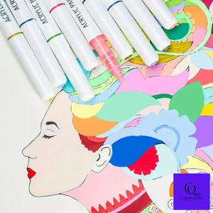 May include: An illustration of a woman's profile with closed eyes, red lips, and colorful hair made of cut paper. White acrylic paint pens with colored tips are arranged diagonally across the image. The Color Quest logo is in the bottom right corner.