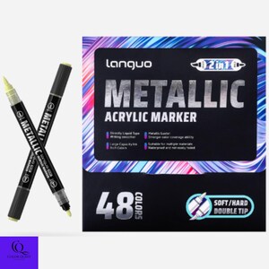 May include: Two black metallic acrylic markers are crossed in front of a box of 48 markers. The box has the text "Metallic Acrylic Marker" and "48 Colors". The markers have a soft/hard double tip.