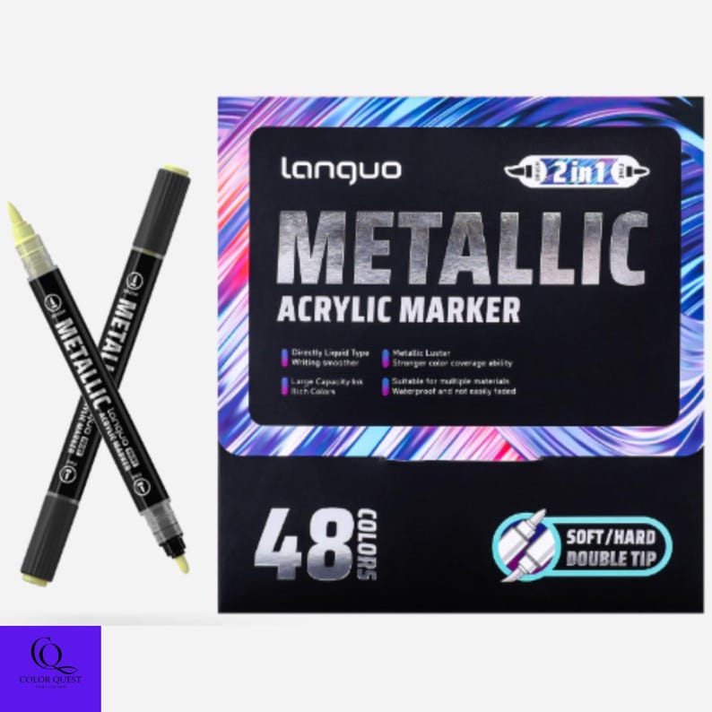 May include: Two black metallic acrylic markers are crossed in front of a box of 48 markers. The box has the text "Metallic Acrylic Marker" and "48 Colors". The markers have a soft/hard double tip.