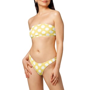 Butter yellow, polka dot - bandeau bikini. Gorgeous on & eco friendly, made to order, with 88% recycled fabric and super comfortable.