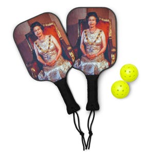 Queen - Royal, Pickleball paddle set. Set includes 2 wooden paddles, 2 plastic balls, and a carry bag, same image on both sides. Personalize