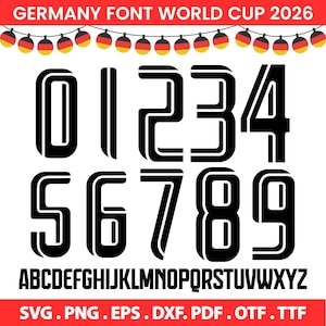 以下が含まれることがあります： 数字0～9とアルファベットA～Zを含む黒いフォントセット。フォントは太字でアウトラインがあり、モダンなデザインです。「GERMANY FONT WORLD CUP 2026」の文字が上部にあります。フォントセットの下にはファイルタイプのオプションがあります。