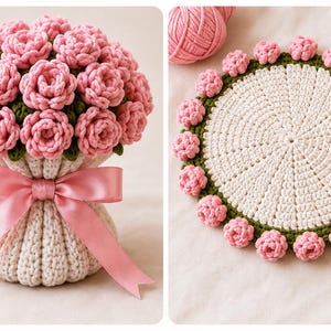 Puede incluir: Un ramo de ganchillo de rosas rosas con hojas verdes en una base acanalada de color crema atada con una cinta de satén rosa, junto a un tapete de ganchillo blanco circular con un borde verde decorado con pequeñas rosas de ganchillo.
