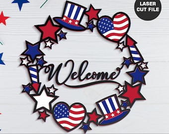 Patriotic Welcome Sign Svg, 4th Of July Door Hanger Svg, USA Flag svg, Laser Cut Files, 4th Of July Door Sign, 4th Of July Svg, Memorial Svg