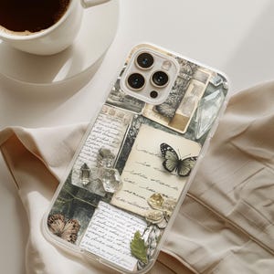 Coque de portable transparente vintage esthétique collage - Motif papillon et notes manuscrites
